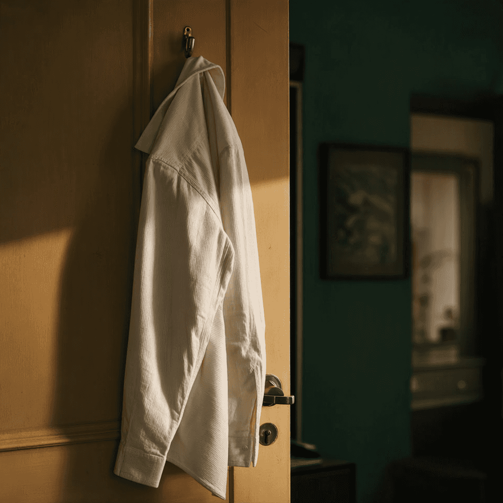 An ordinary cotton shirt hanging from a hook on a door, lit by raking afternoon light
