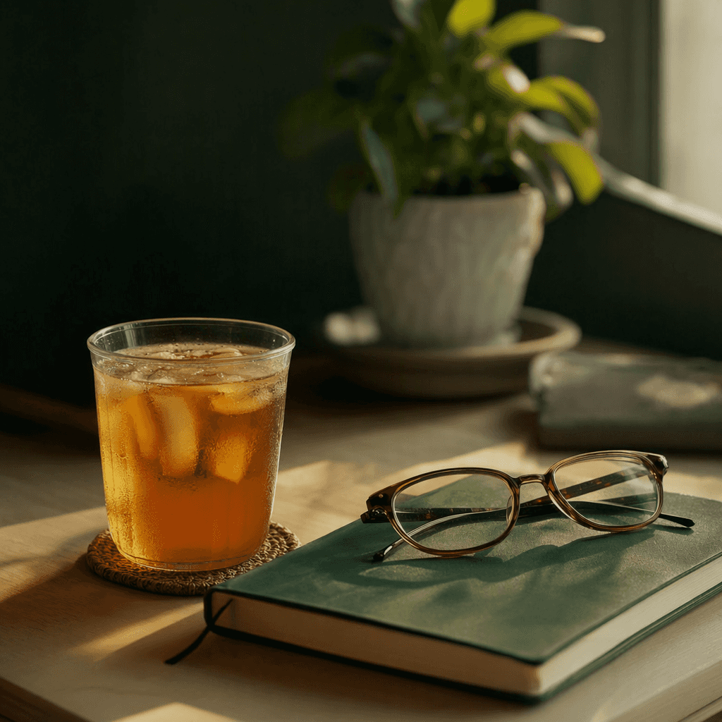 A cold cup of tea, a closed notebook and reading glasses on a desk in long late-afternoon light