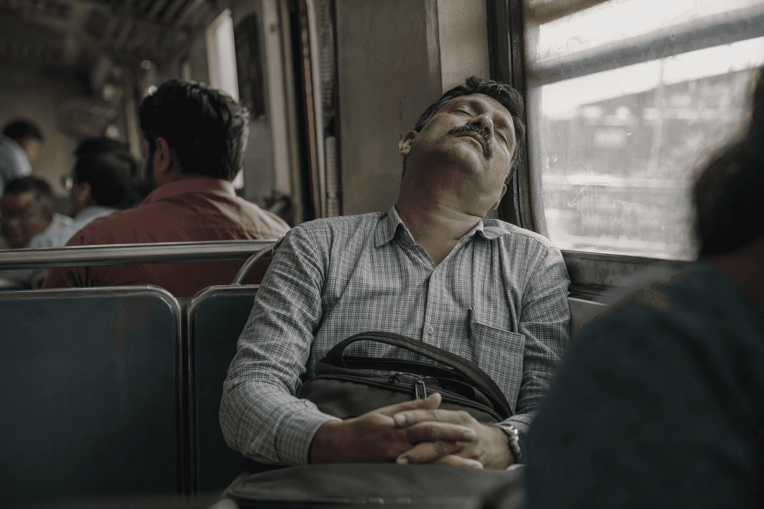 A man in his early forties asleep upright on an afternoon commuter train with his bag still on his lap