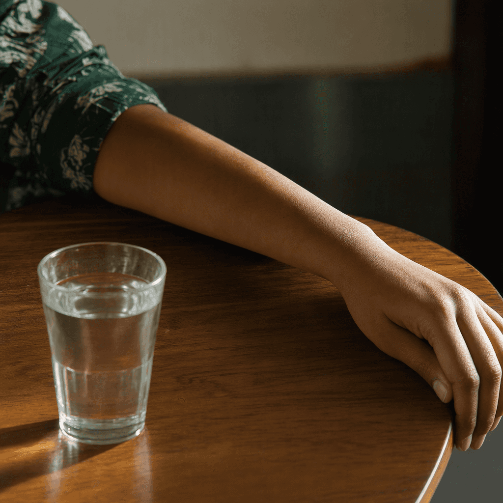 A woman's forearm resting on a wooden table beside a glass of water in warm side light