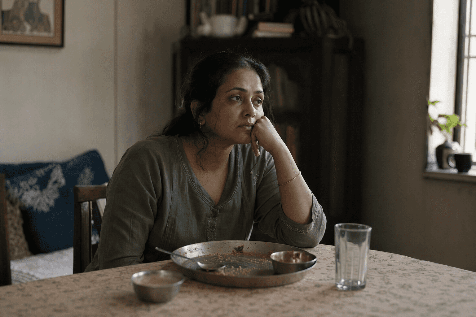 A woman in her late thirties sitting at her dining table after an ordinary meal, tired and thoughtful in low afternoon light