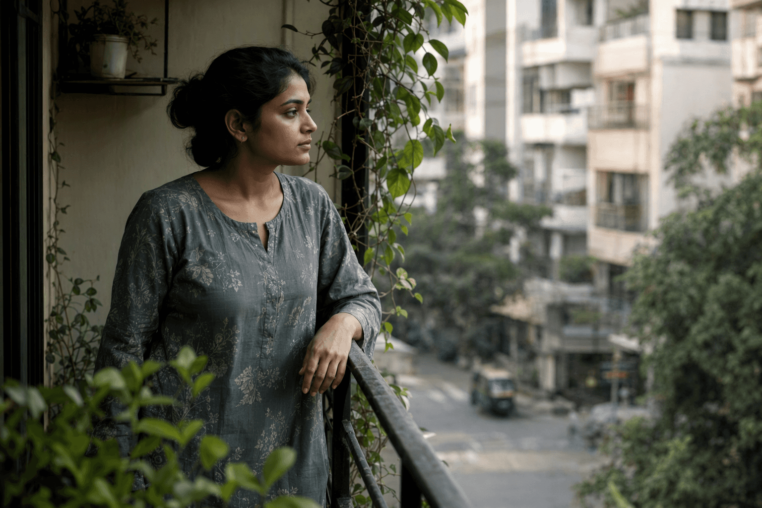 A woman in her late twenties standing on her balcony in early morning light, looking out at the street