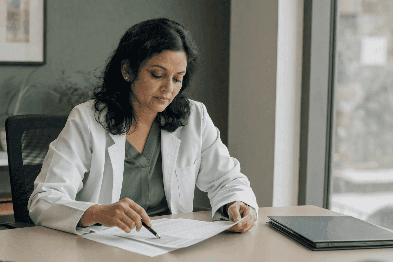 A clinician reading a printed document at a desk beside a window, a closed folder squared up beside her