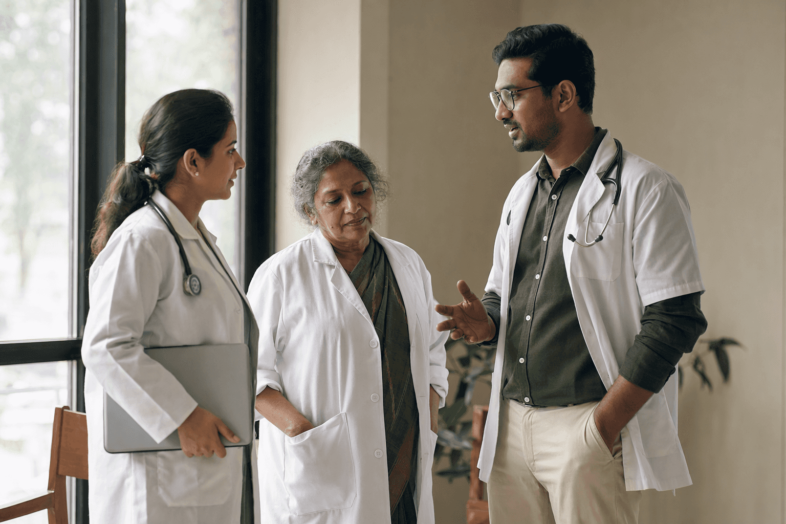 Three Indian clinicians of different ages standing and talking together beside a tall window