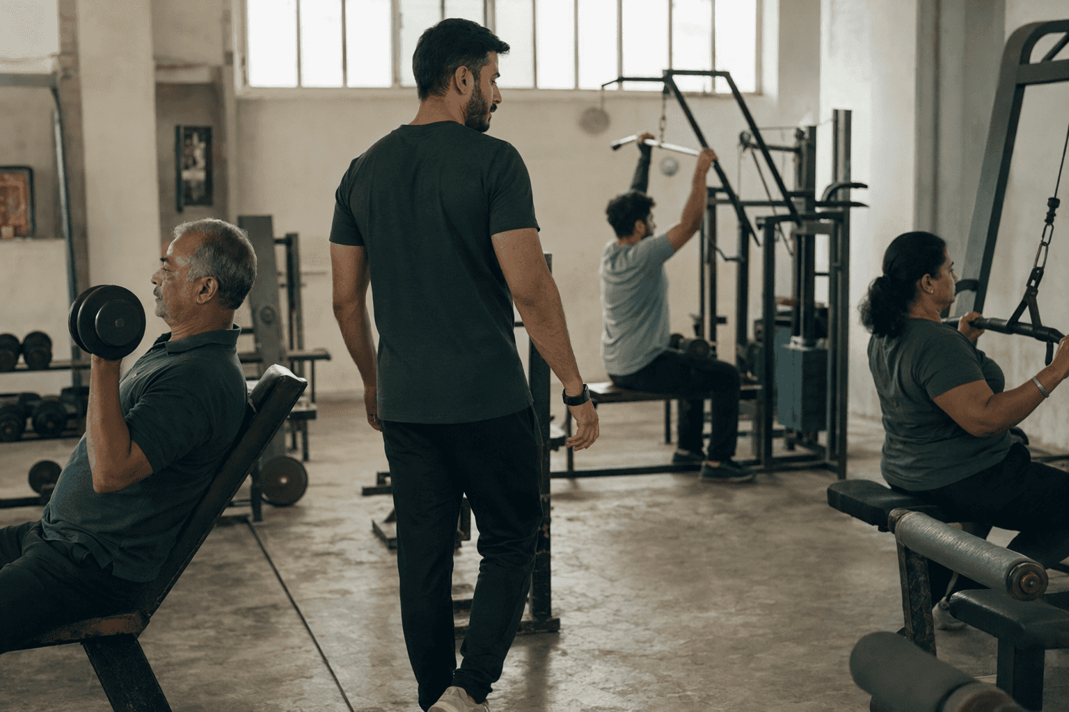 A neighbourhood Indian gym on a weekday morning, three members of different ages training at a comfortable pace while a coach walks between them