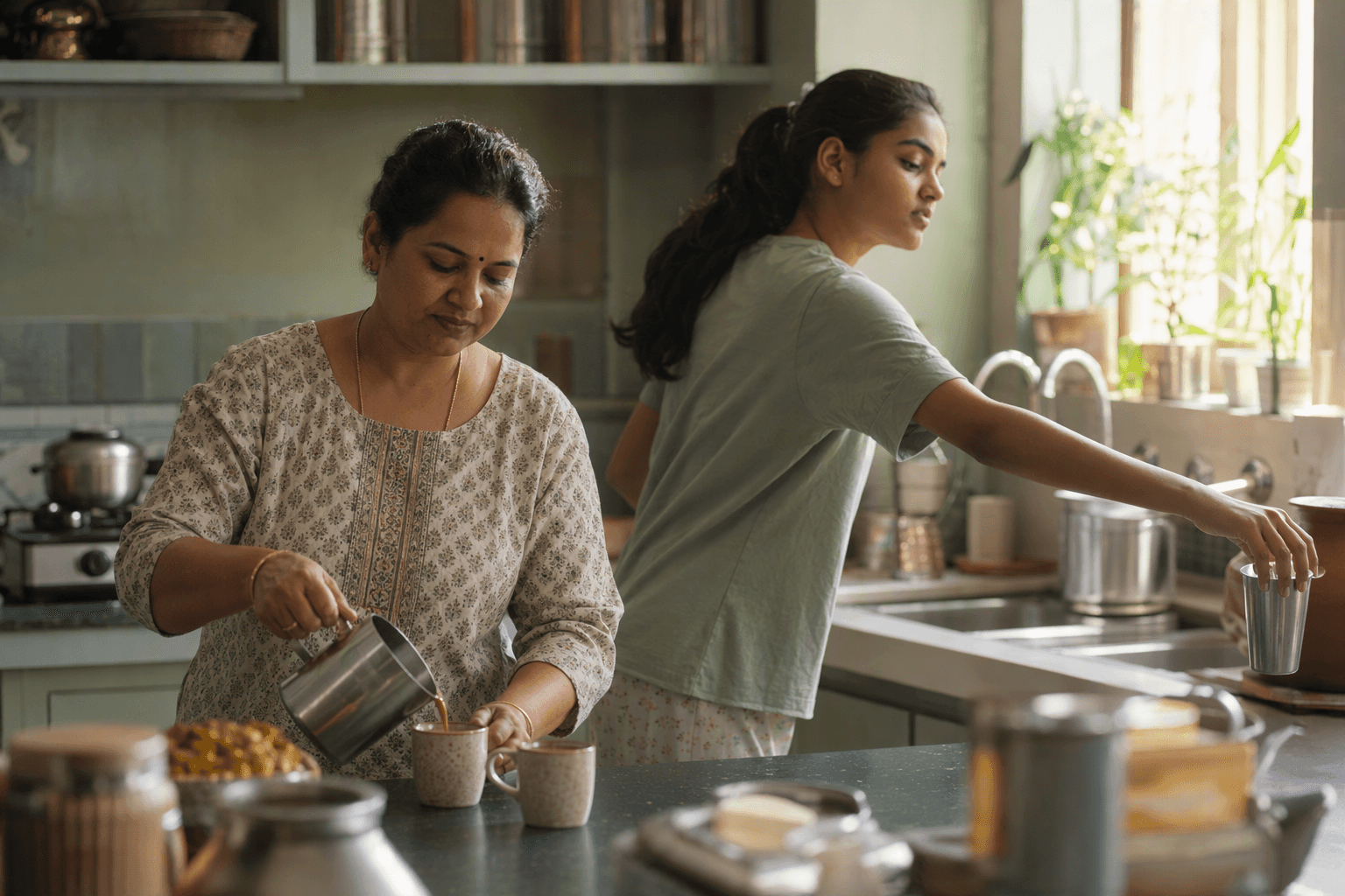 A woman pouring tea at a small kitchen counter in the morning while a teenager reaches past her for a tumbler
