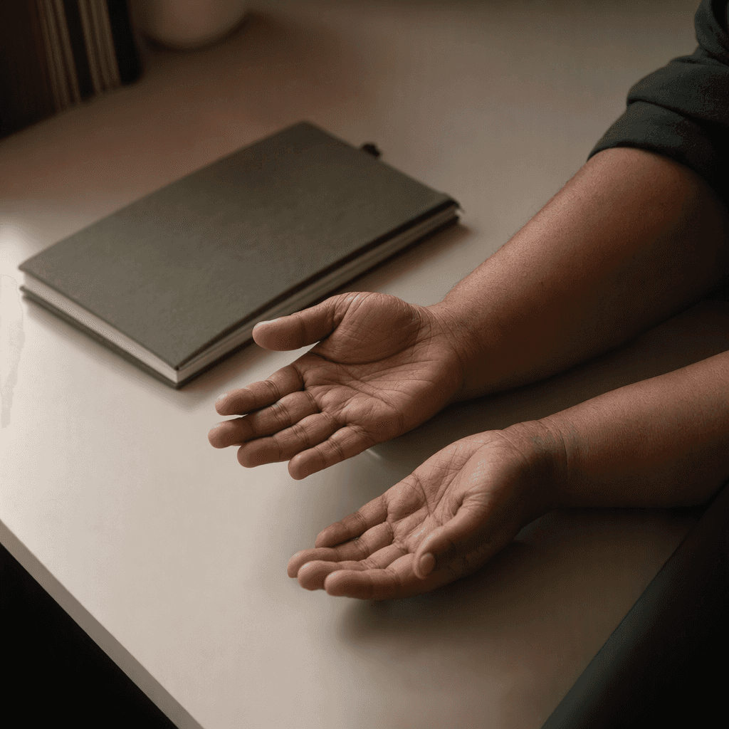 Two open hands resting still on a plain desk beside a closed notebook in soft daylight