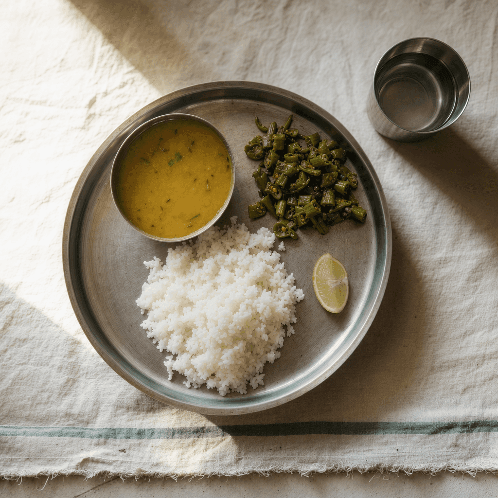 An everyday Indian lunch of rice, dal and a green sabzi on a steel plate with a tumbler of water, seen from above