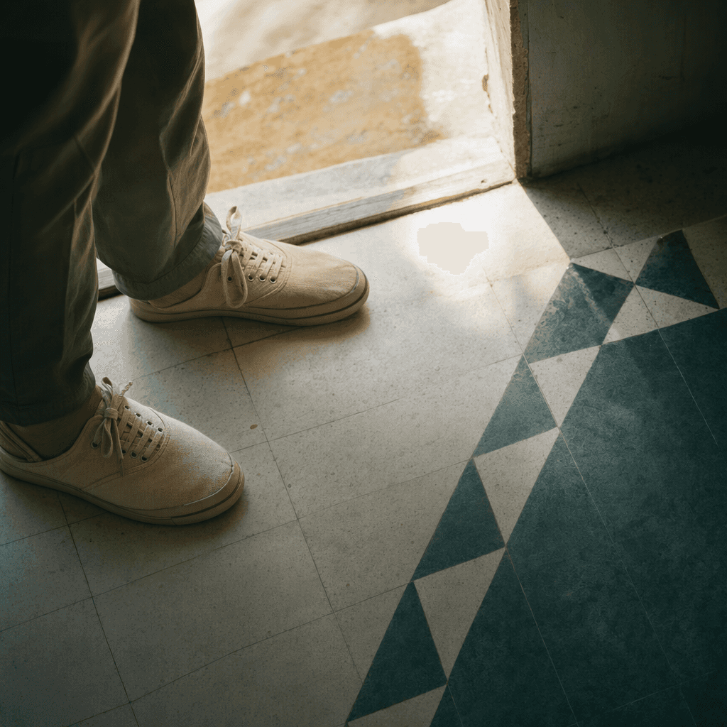 A person's feet in canvas shoes standing in a sunlit tiled doorway