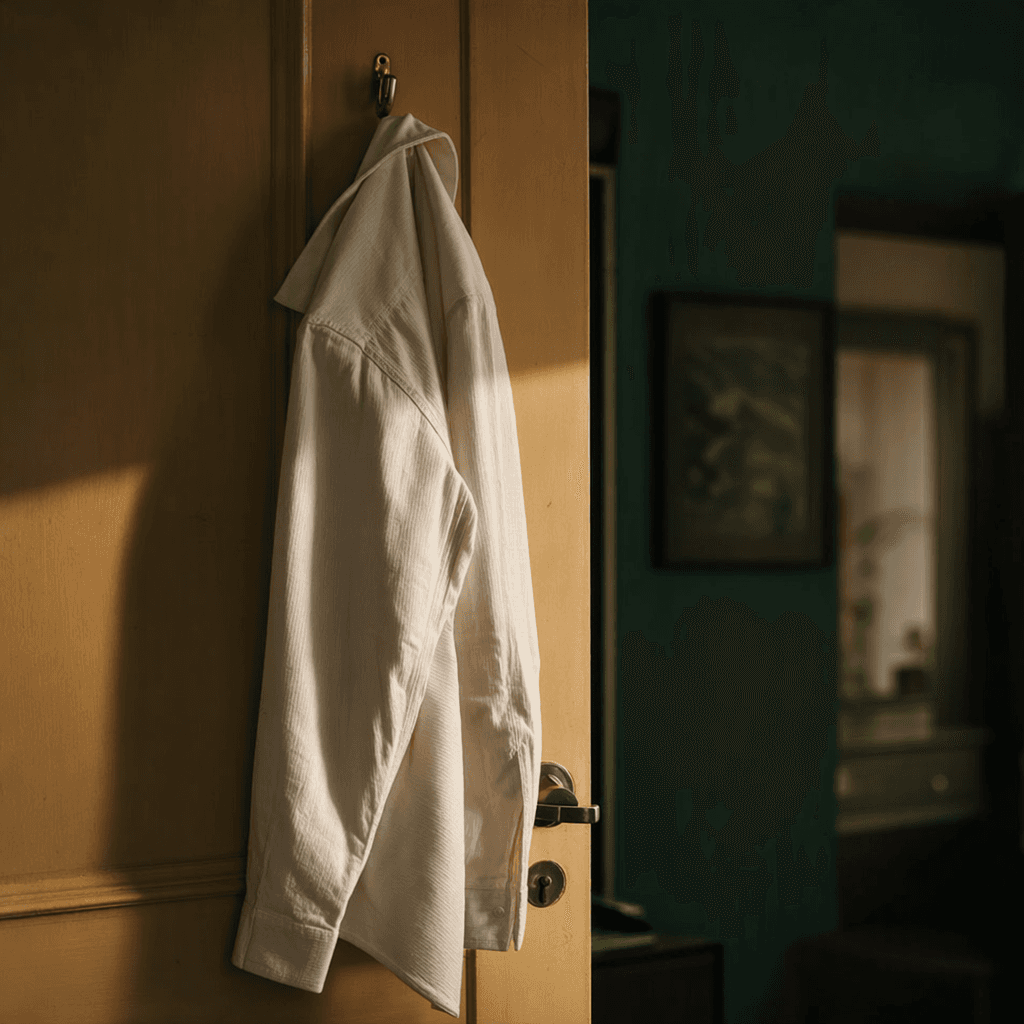 An ordinary cotton shirt hanging from a hook on a door, lit by raking afternoon light