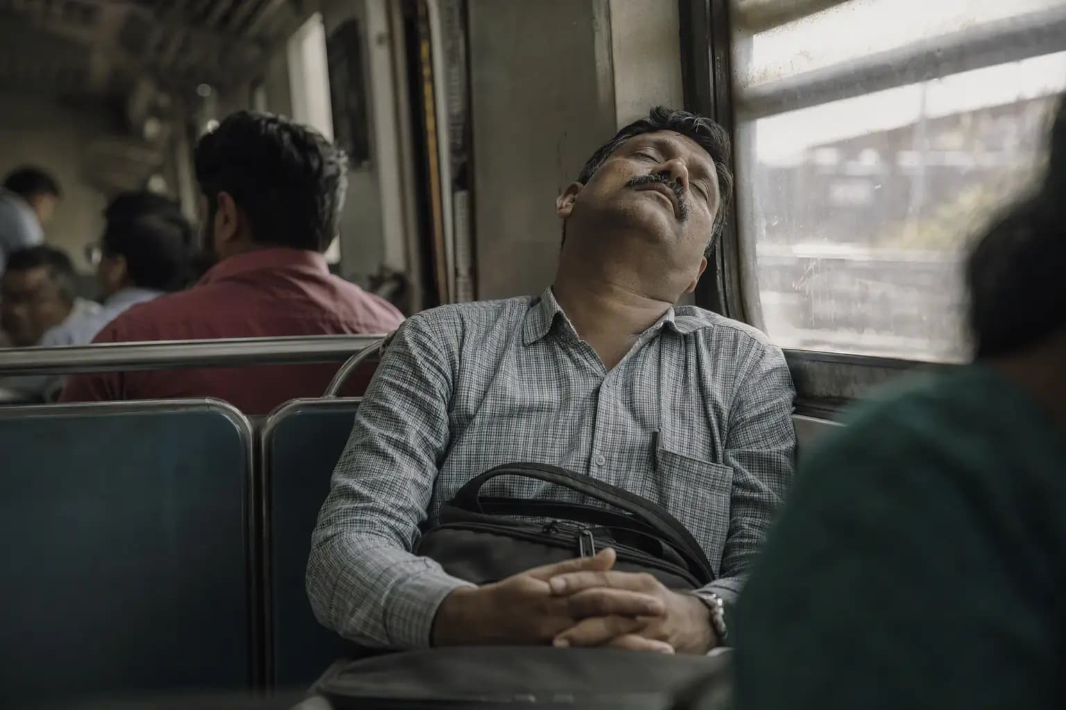 A man in his early forties asleep upright on an afternoon commuter train with his bag still on his lap