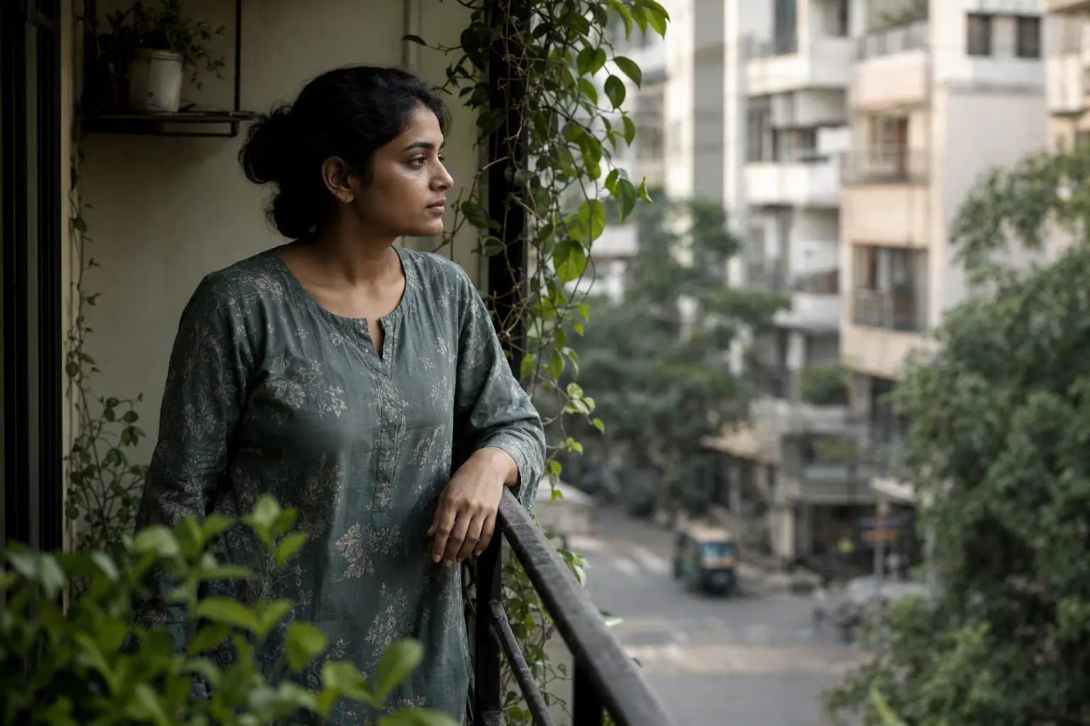 A woman in her late twenties standing on her balcony in early morning light, looking out at the street