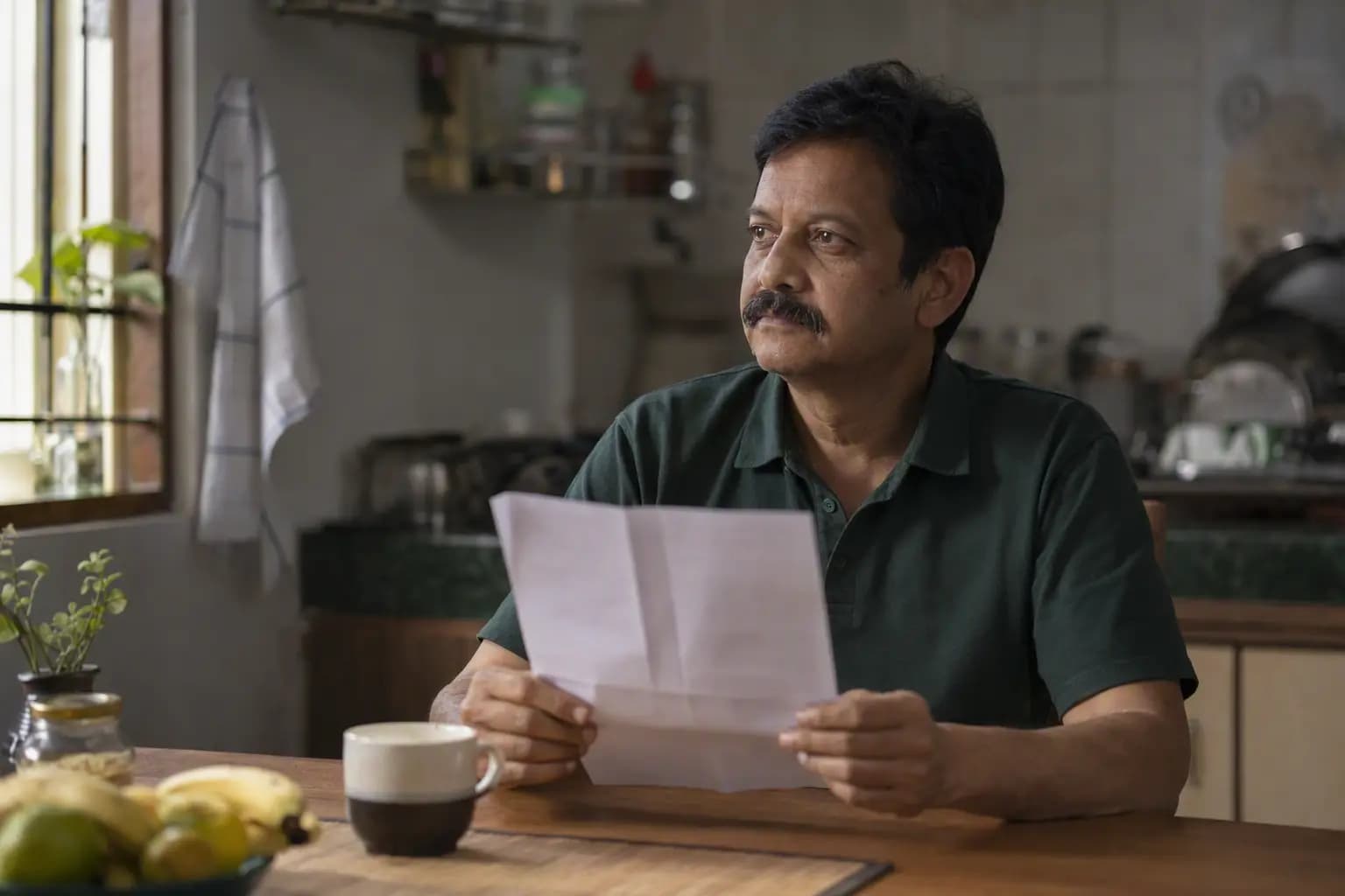 A man in his late forties at his kitchen table holding a folded printed report, looking away in thought