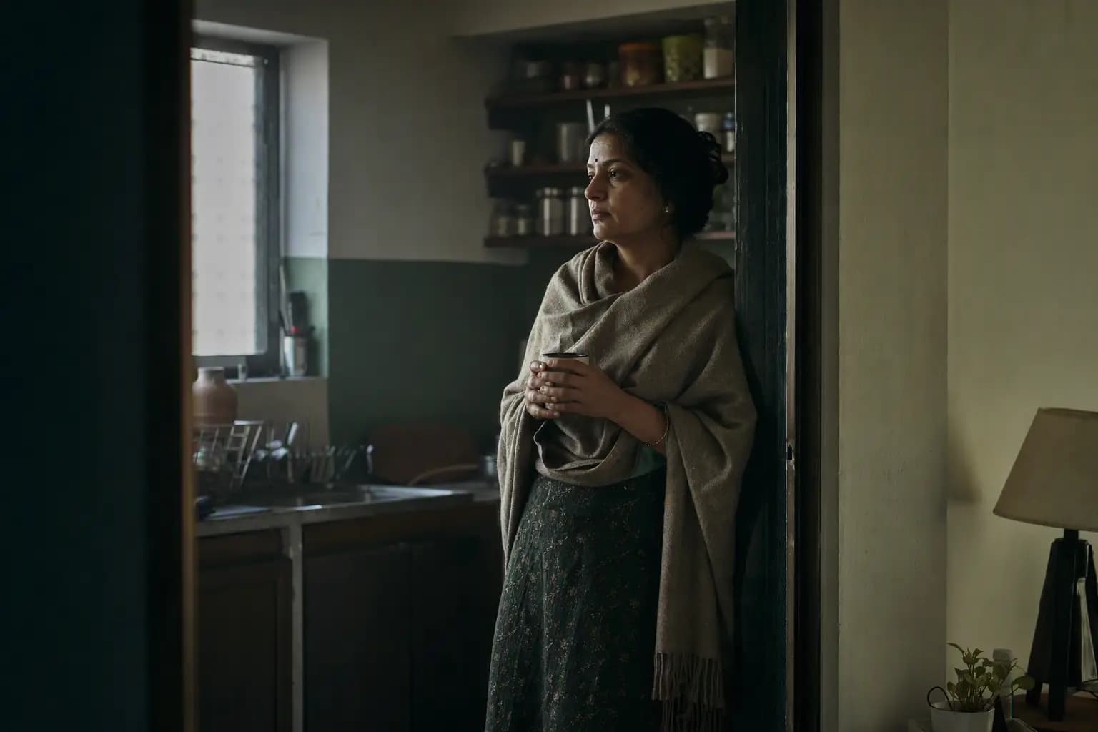 A woman in her forties standing in her kitchen doorway in grey first light, a shawl around her shoulders and a cup of tea held in both hands