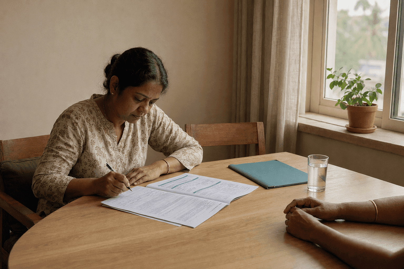 An Indian doctor in her forties annotating a printed panel of results at a plain wooden table, the patient present only as forearms