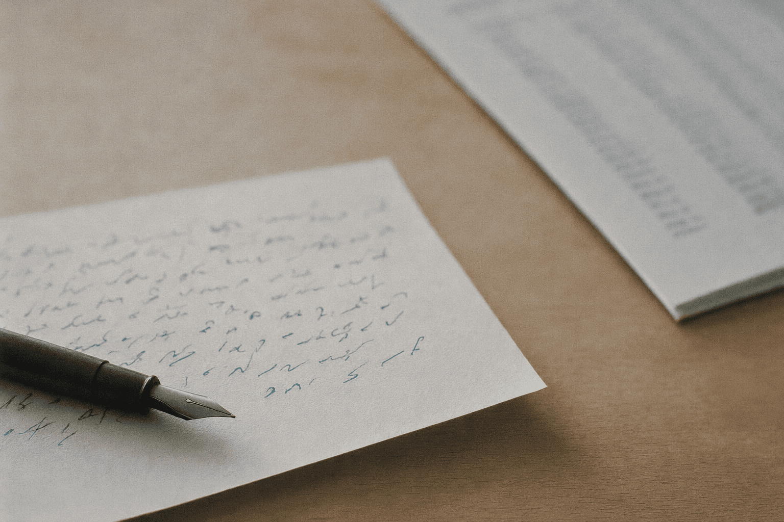 A handwritten note on plain paper with a fountain pen laid across it, beside the corner of a printed results panel on a teak desk