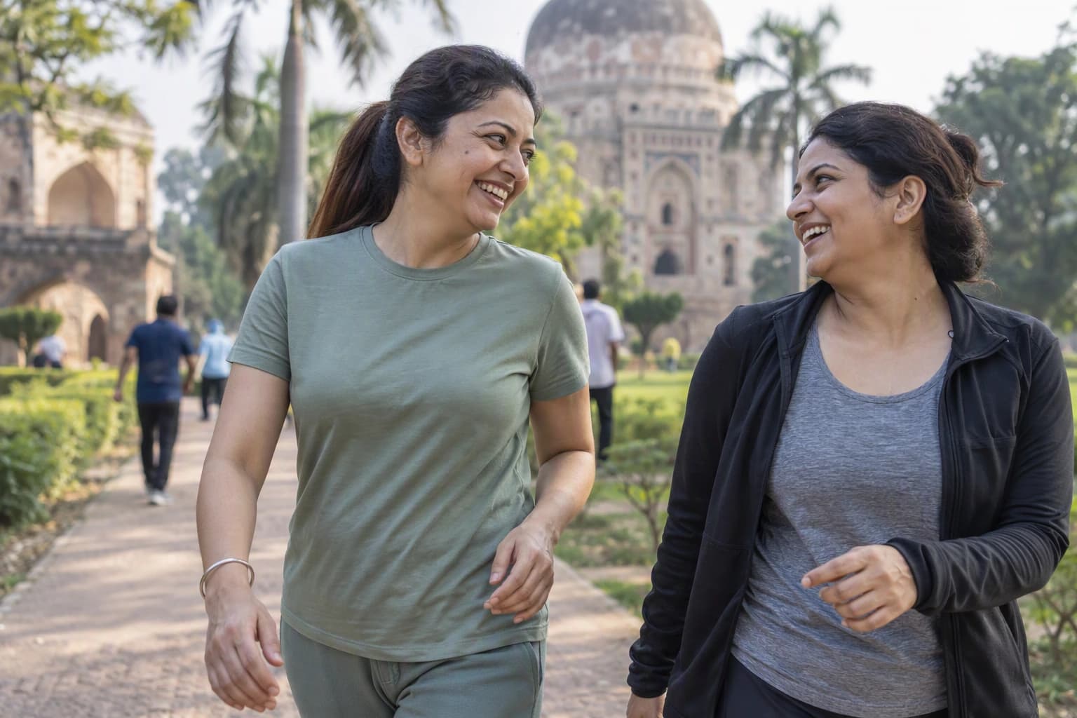 Two friends laugh on a brisk morning walk in a city garden