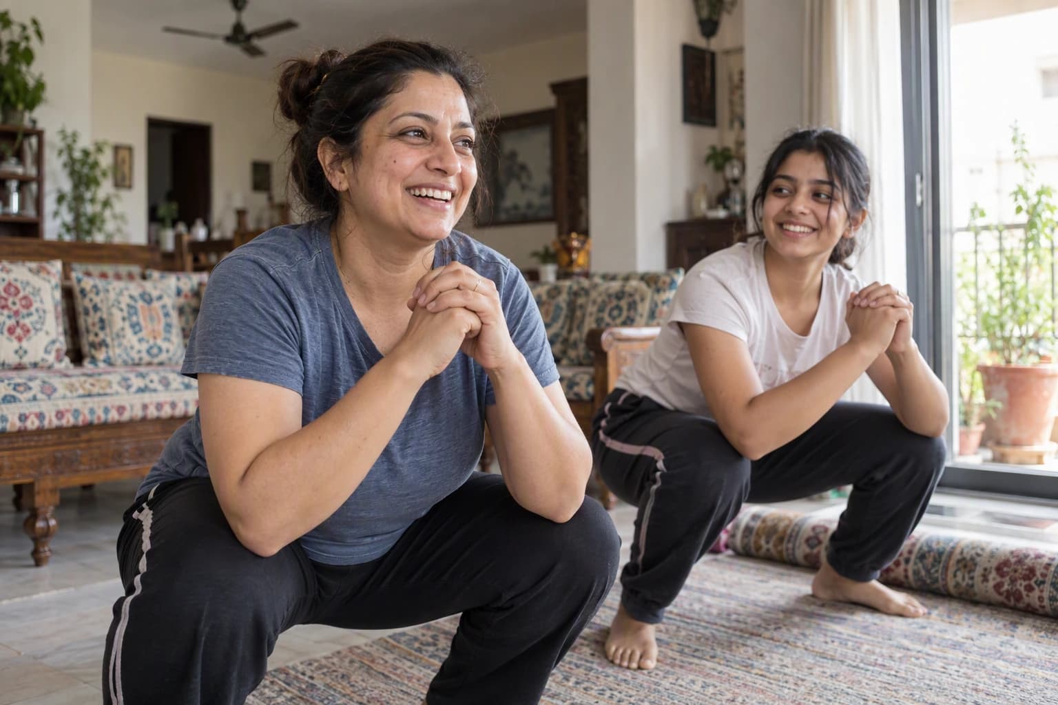 A woman laughs mid-squat with her daughter in their living room