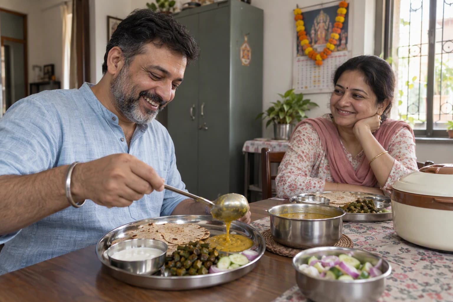 A man laughs as he serves himself dal at a home lunch of roti, sabzi, curd and salad