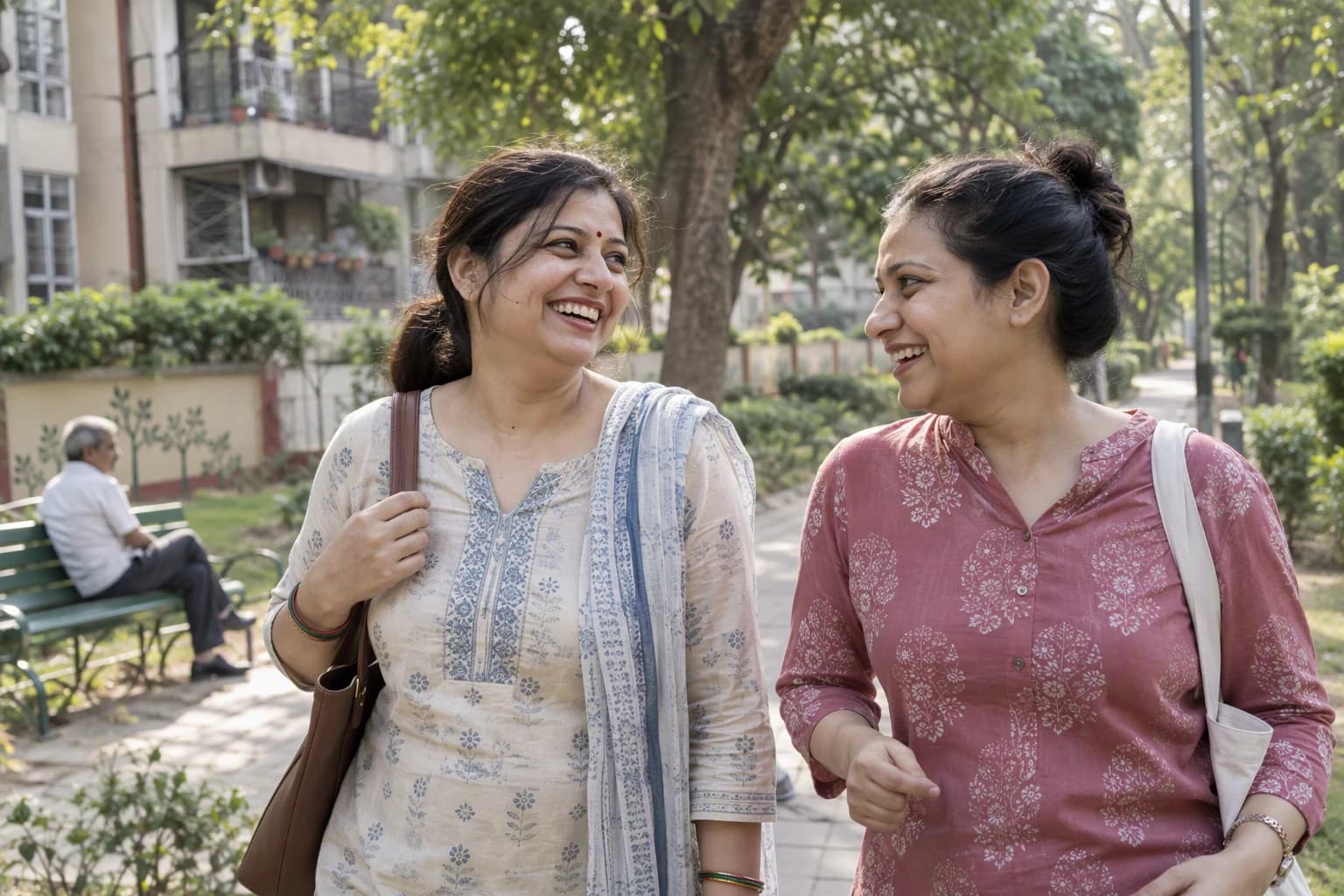 A woman in a cotton kurta laughs with a friend on a morning walk in a Delhi colony park