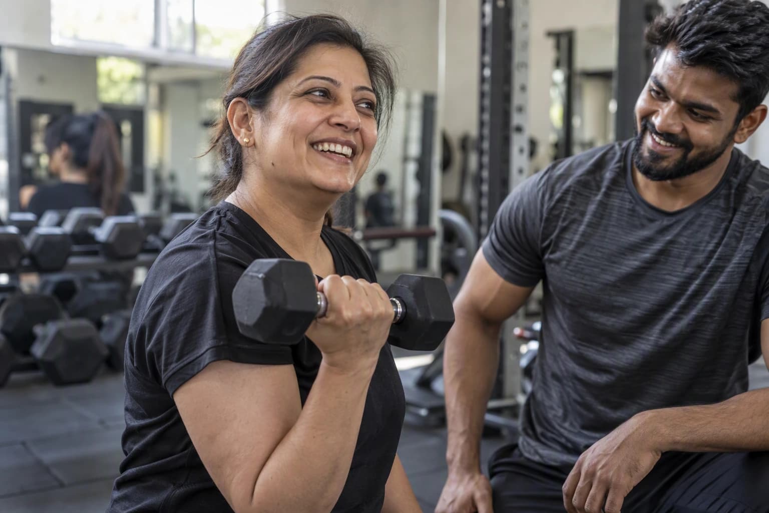 A woman laughs as she lifts a small dumbbell with her trainer beside her