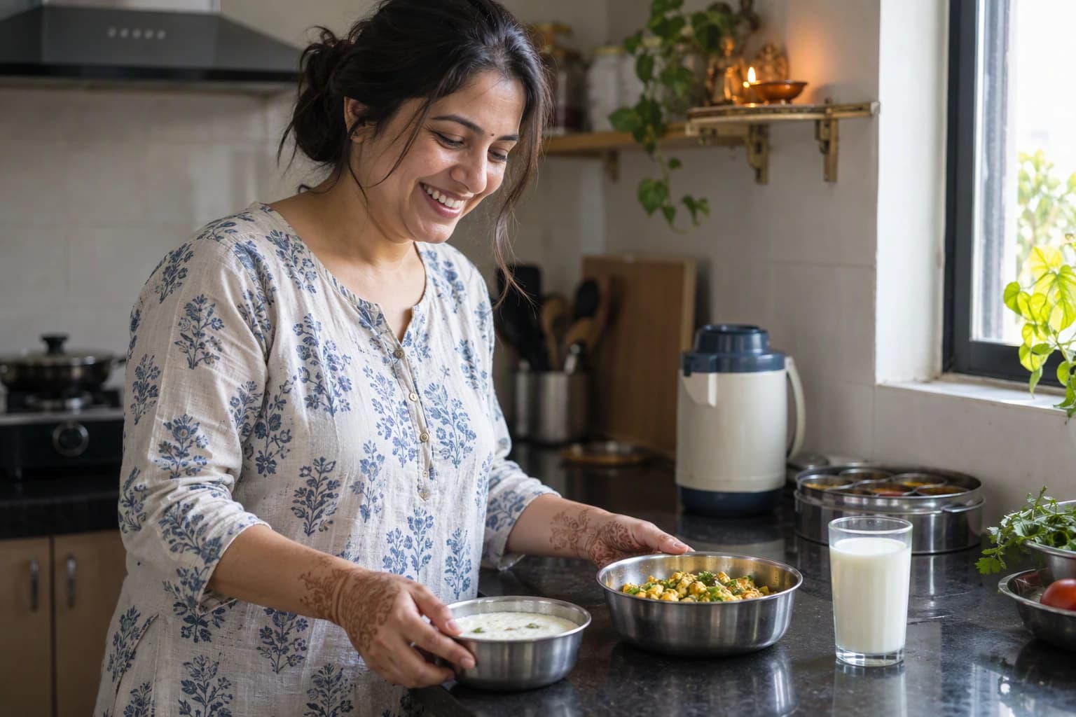 A woman laughs as she sets out bowls of curd and paneer in her kitchen
