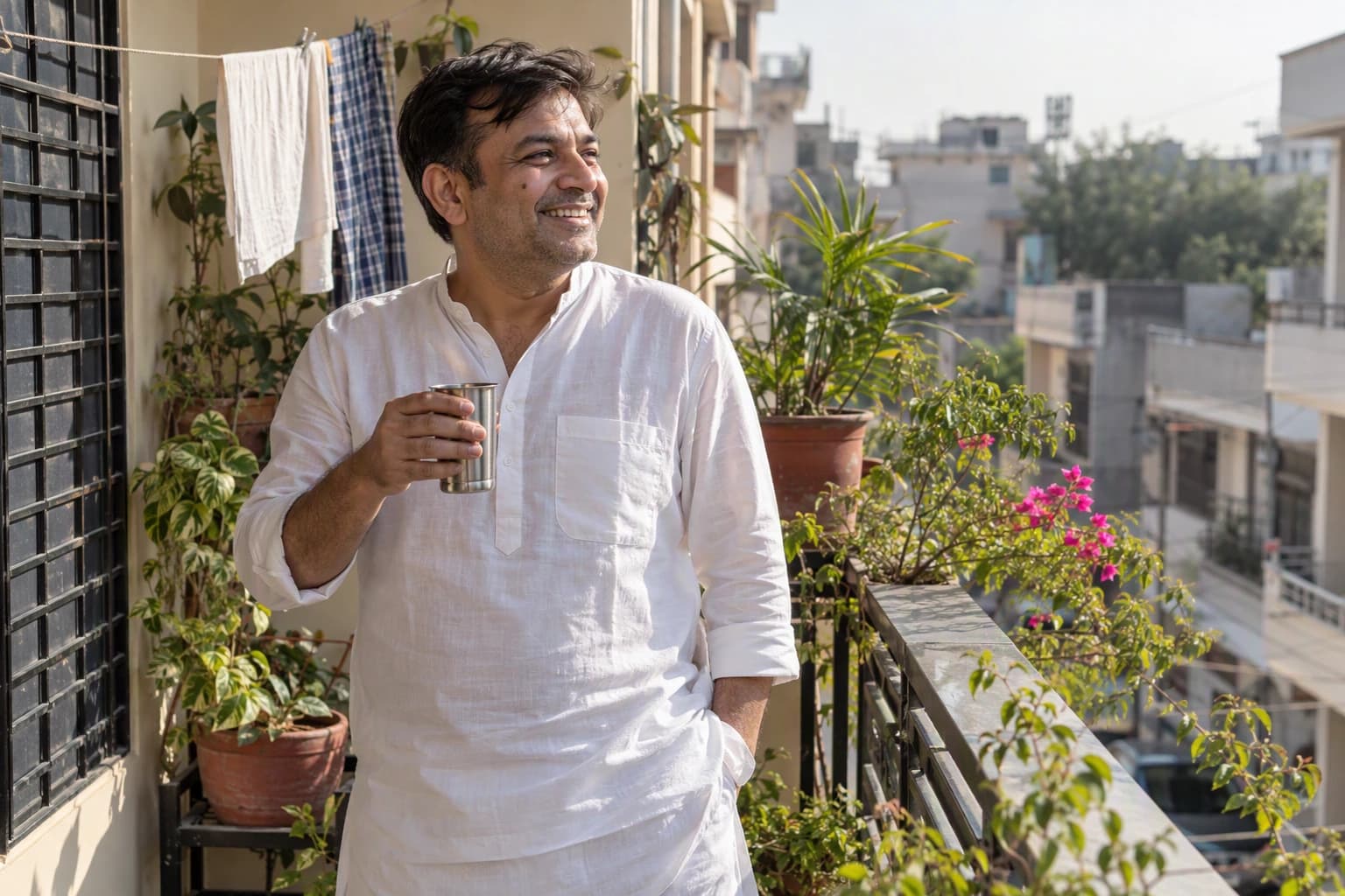 A man laughs on his sunny balcony with a glass of chai