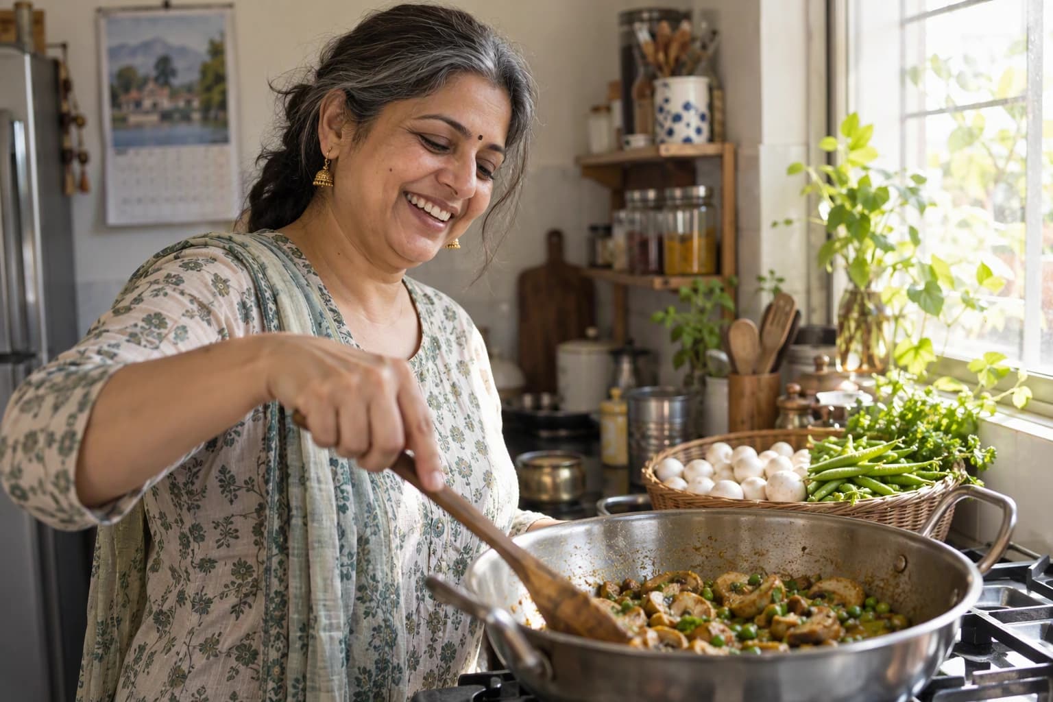 A woman laughs as she cooks mushroom and pea curry in a sunlit kitchen