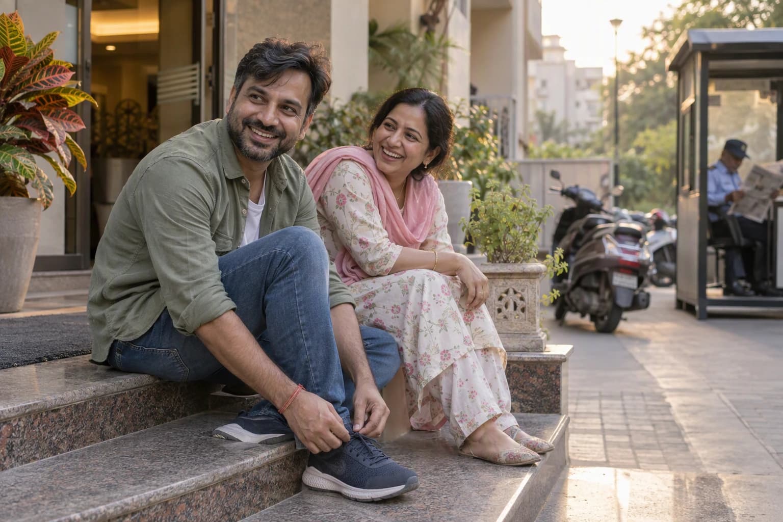 A man grins as he ties his shoes on the steps before a walk with his wife