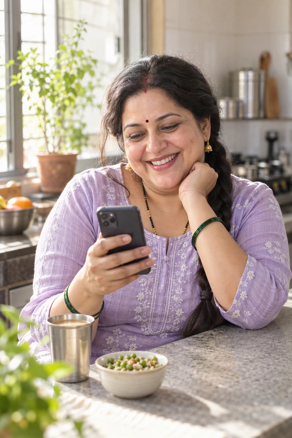 A woman in her late forties smiling at her phone at a sunlit kitchen counter, a cup of chai beside her