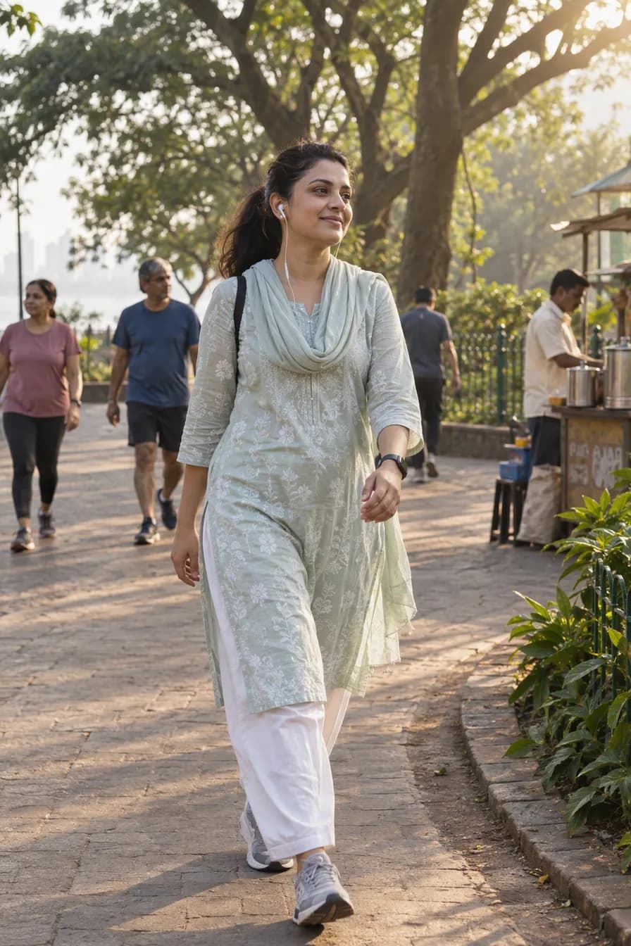 A woman in her thirties mid-stride on an early morning walk in a Mumbai park, other walkers behind her, sun low through the trees