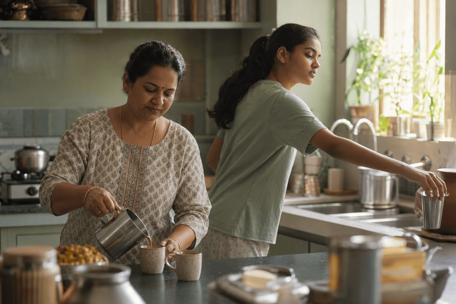 A woman pouring tea at a small kitchen counter in the morning while a teenager reaches past her for a tumbler