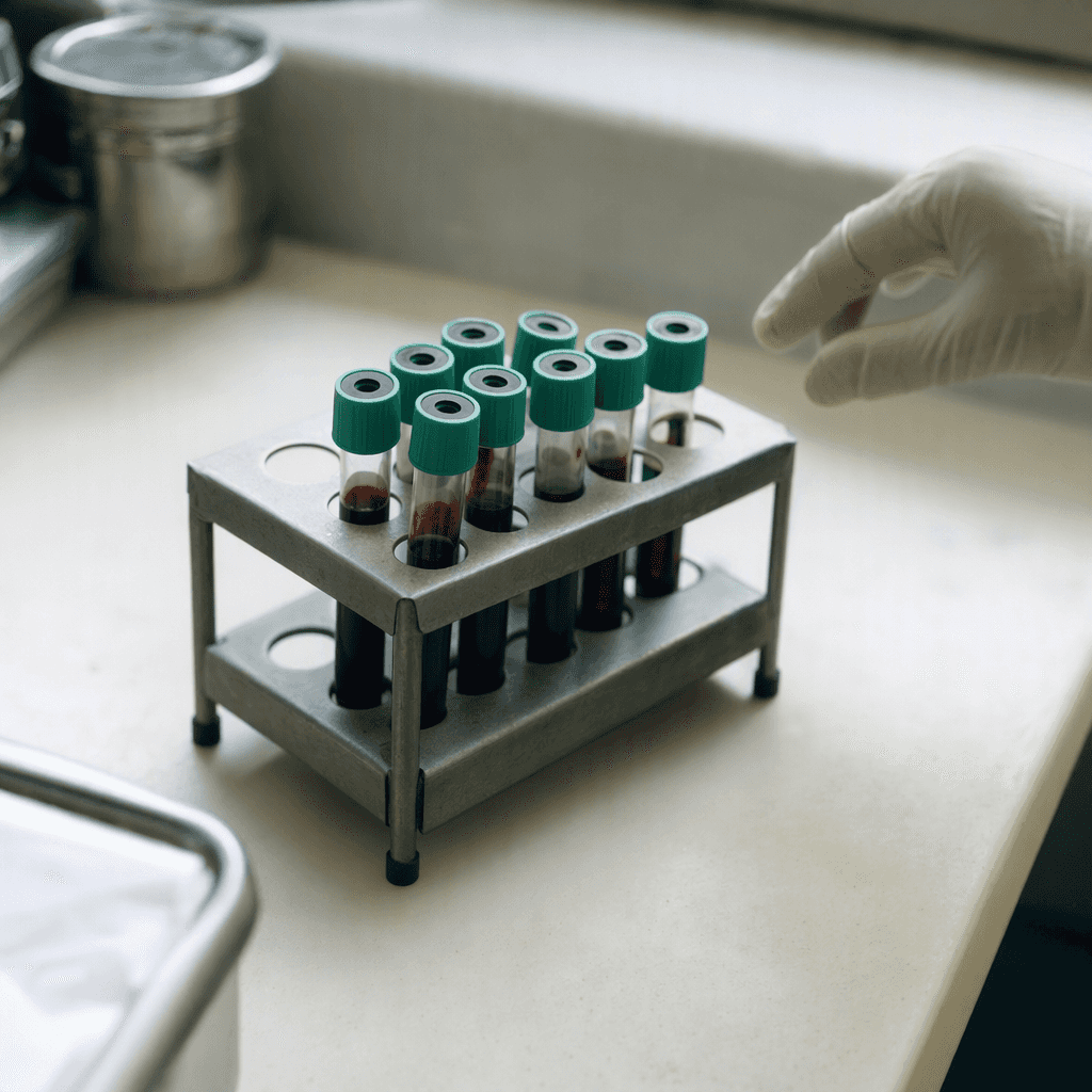 A blood sample tube in a rack on a clean laboratory bench