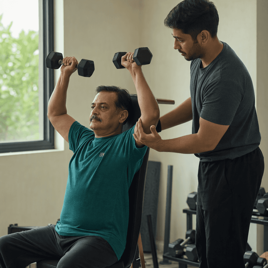 A man in his fifties working with light dumbbells while a trainer watches