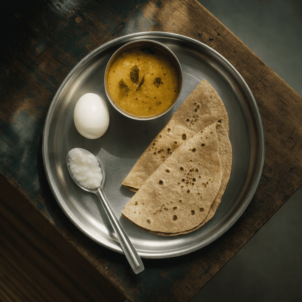An everyday Indian breakfast of chapati, dal, a boiled egg and curd on a steel thali, seen from above