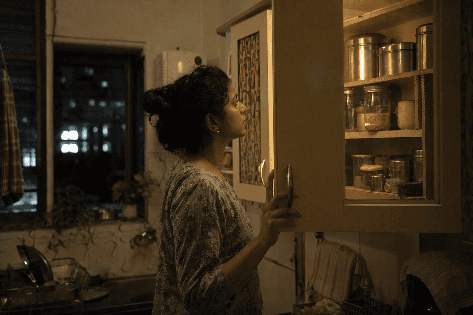 A woman in her thirties standing at an open kitchen cupboard at night under one warm bulb, deciding whether to eat