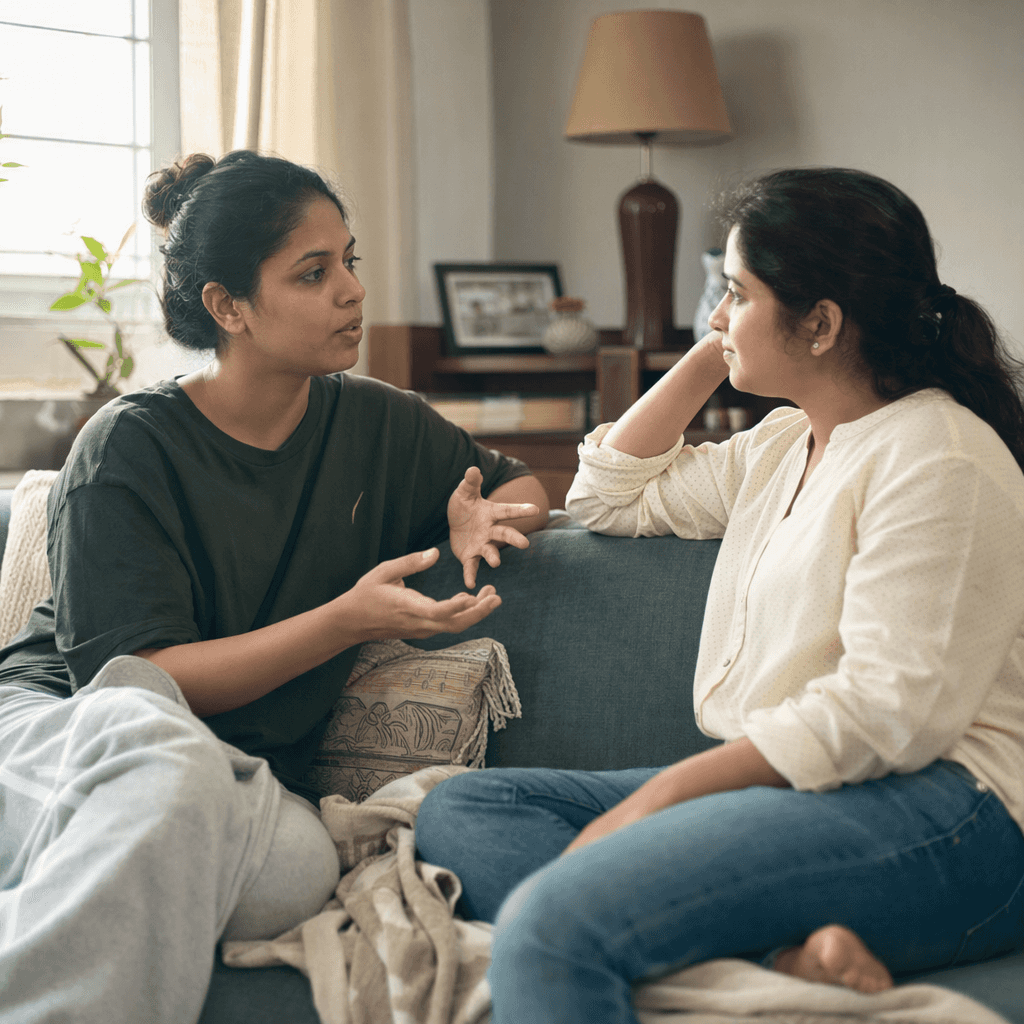 Two young women sitting together on a sofa, one listening carefully to the other