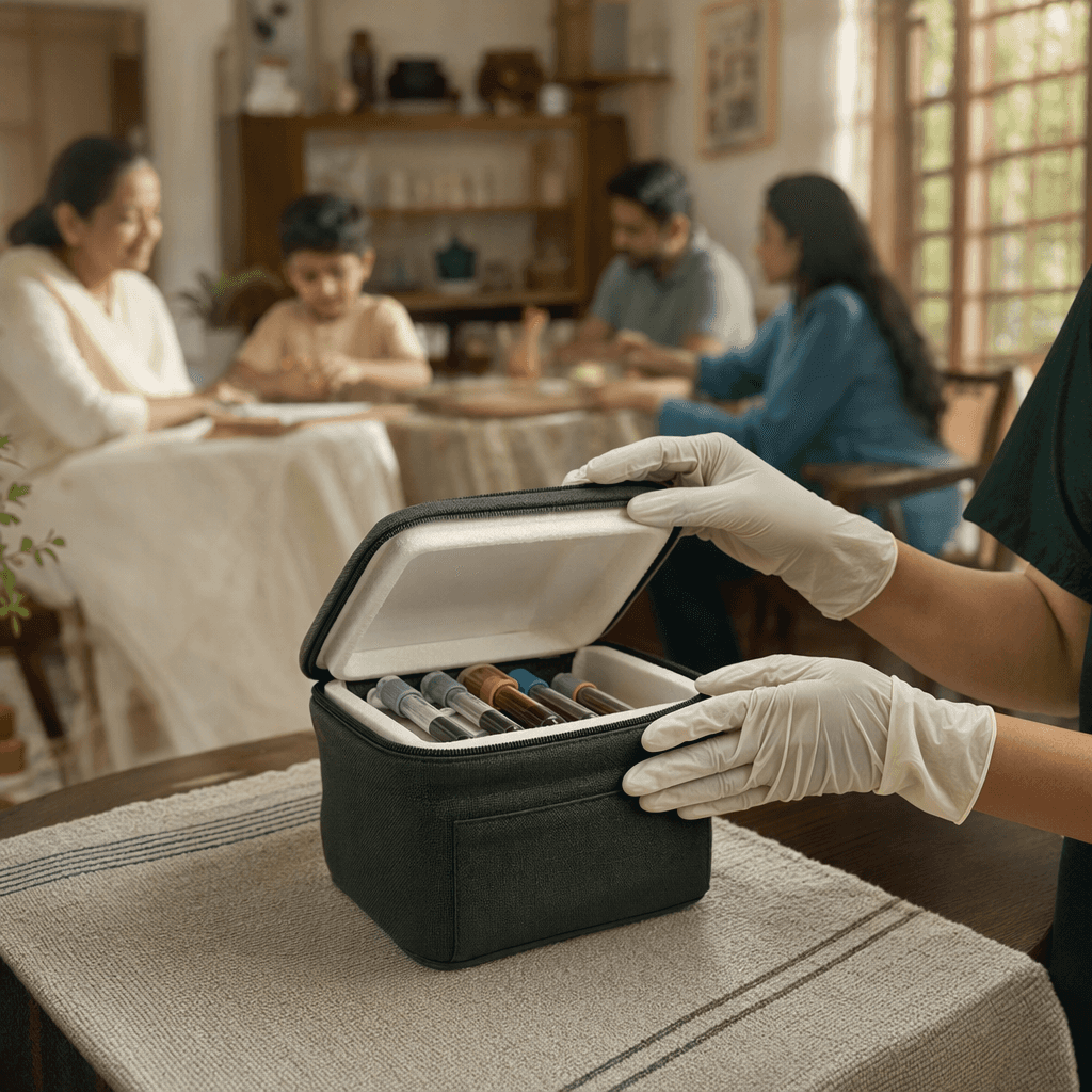 Gloved hands closing an insulated sample box of unlabelled blood collection tubes at a family dining table