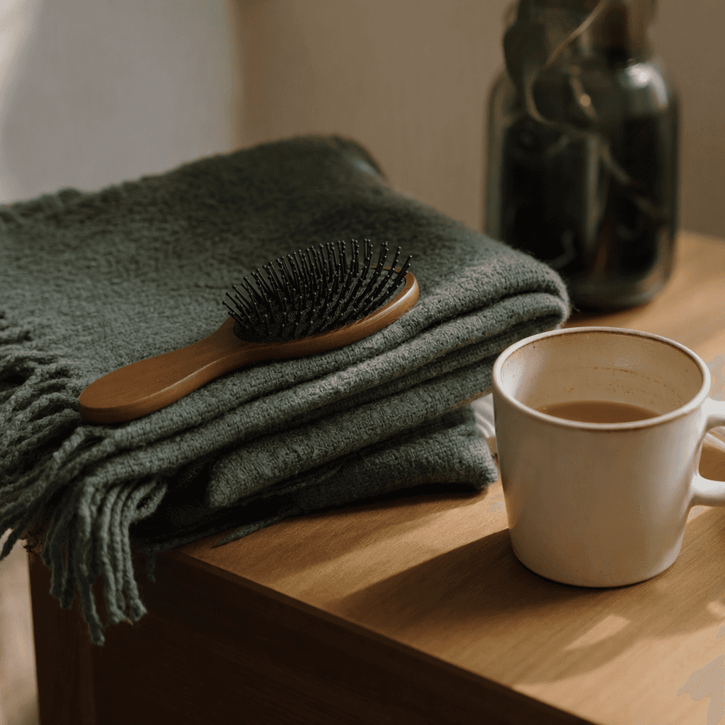 A hairbrush, a folded woollen shawl and a half-drunk cup of tea on a bedside table in morning light