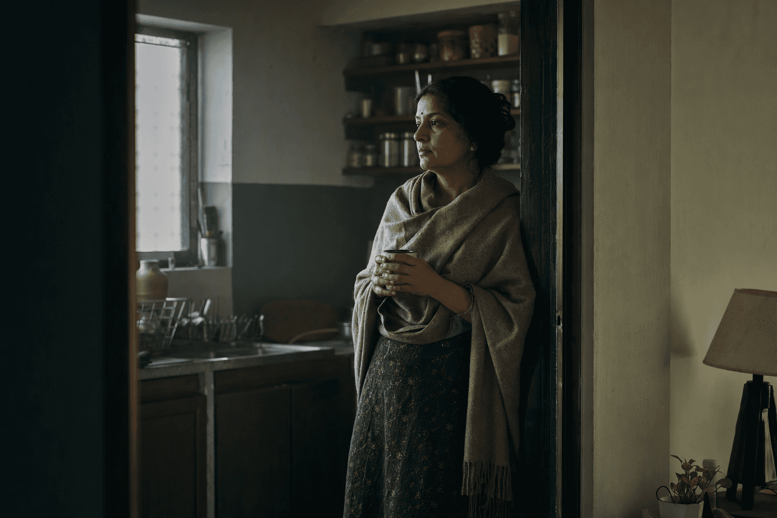 A woman in her forties standing in her kitchen doorway in grey first light, a shawl around her shoulders and a cup of tea held in both hands