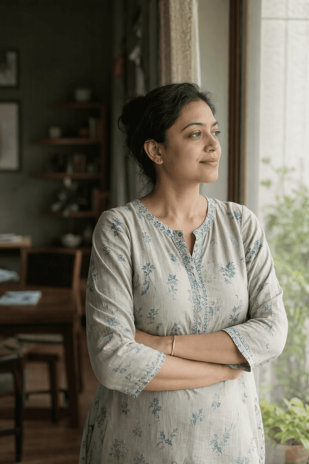 A woman in her late thirties standing at a window in morning light, calm and self-possessed