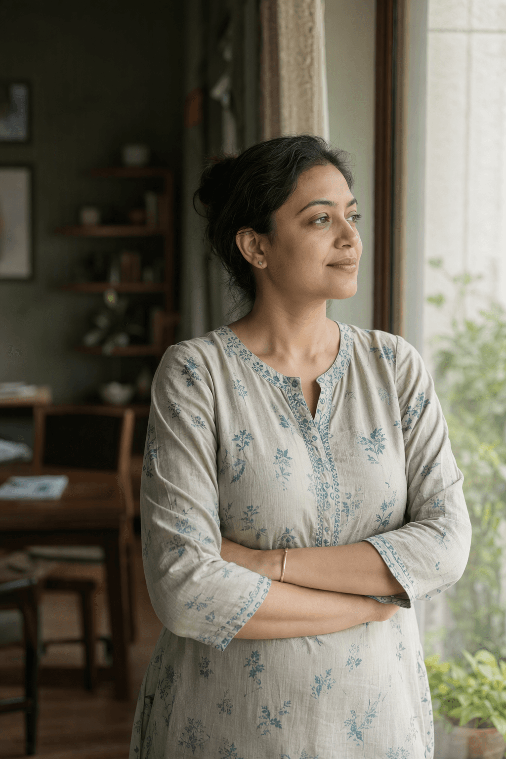 A woman in her late thirties standing at a window in morning light, calm and self-possessed