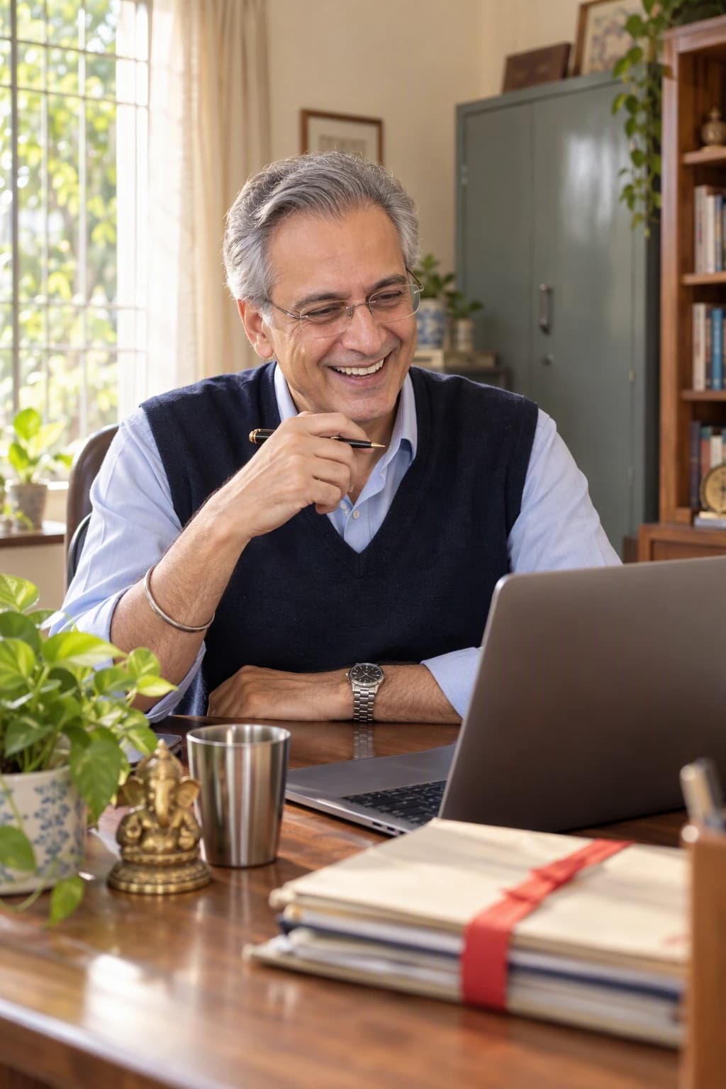A grey-haired doctor in his fifties in rimless glasses and a navy sweater laughing with a patient on a laptop video consult in his bright study