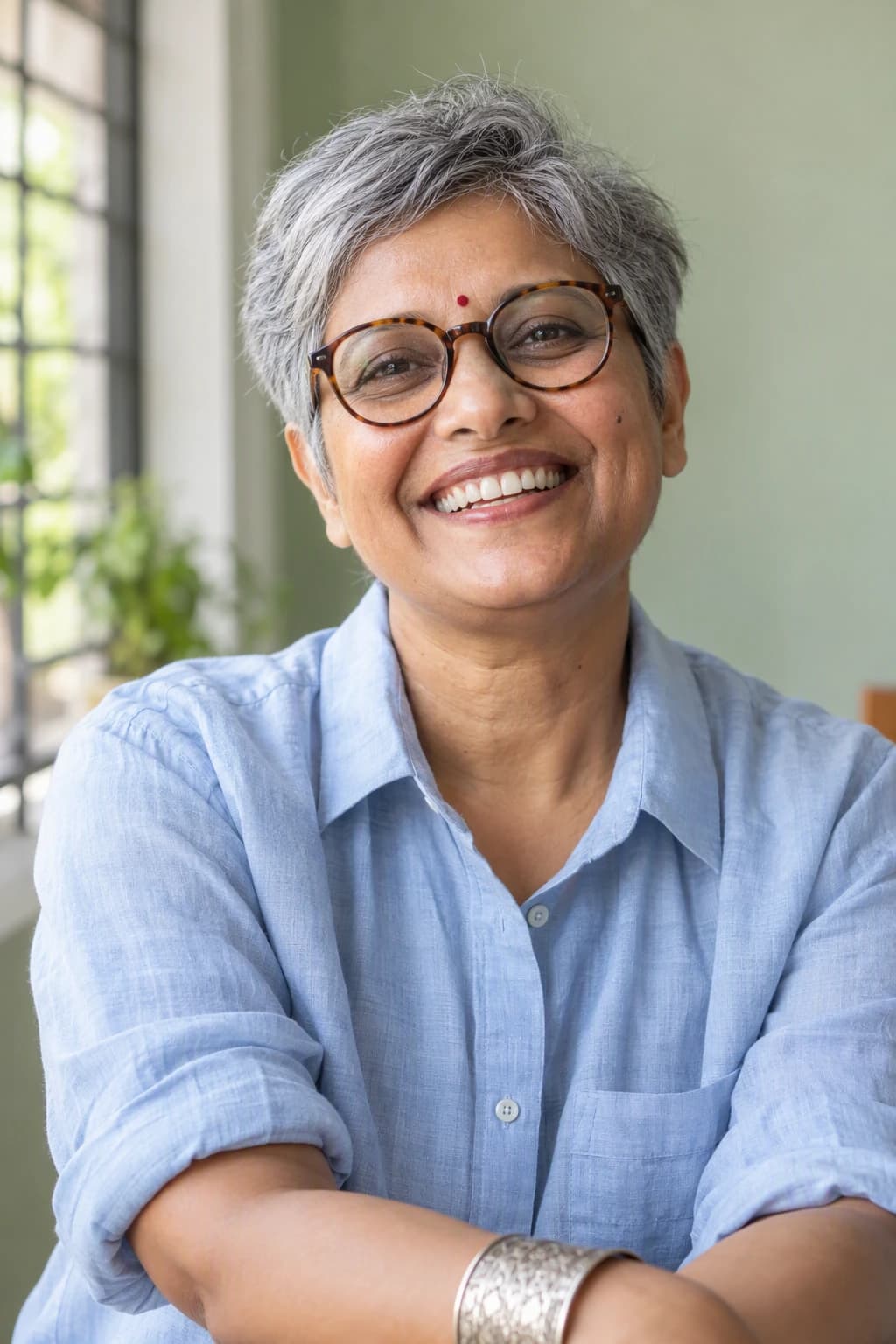A woman of fifty with a short grey crop and round tortoiseshell glasses smiling confidently in a crisp sky-blue shirt