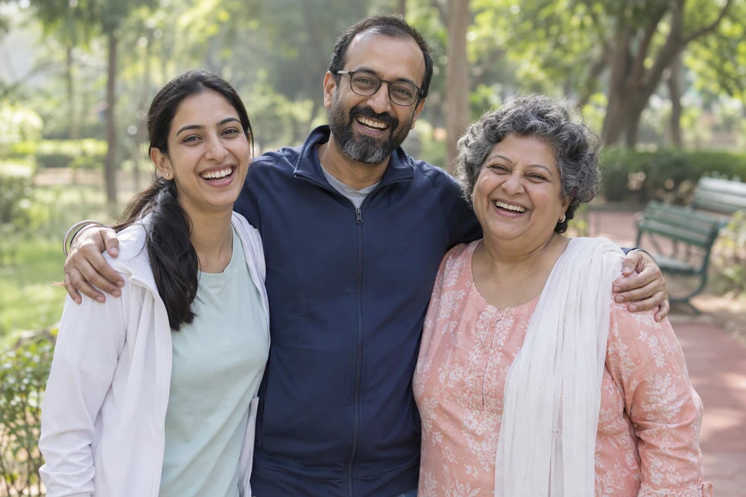 Three friends of different ages laughing together on a park path after a morning walk: a young woman with a ponytail, a man in his forties and a woman in her fifties with short curly grey hair