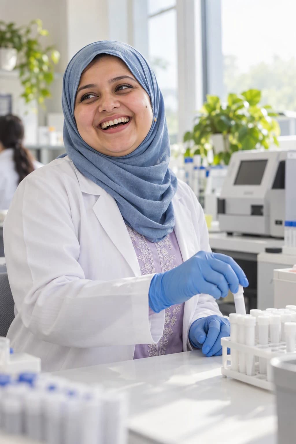 A young woman lab technician in a dusty-blue hijab and white coat laughing as she sets capped sample tubes into a rack at a bright lab bench