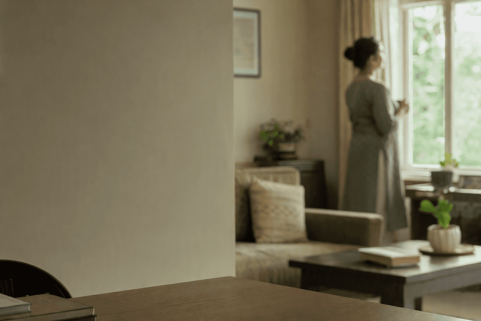 An ordinary Indian sitting room in morning light with a figure out of focus near the window