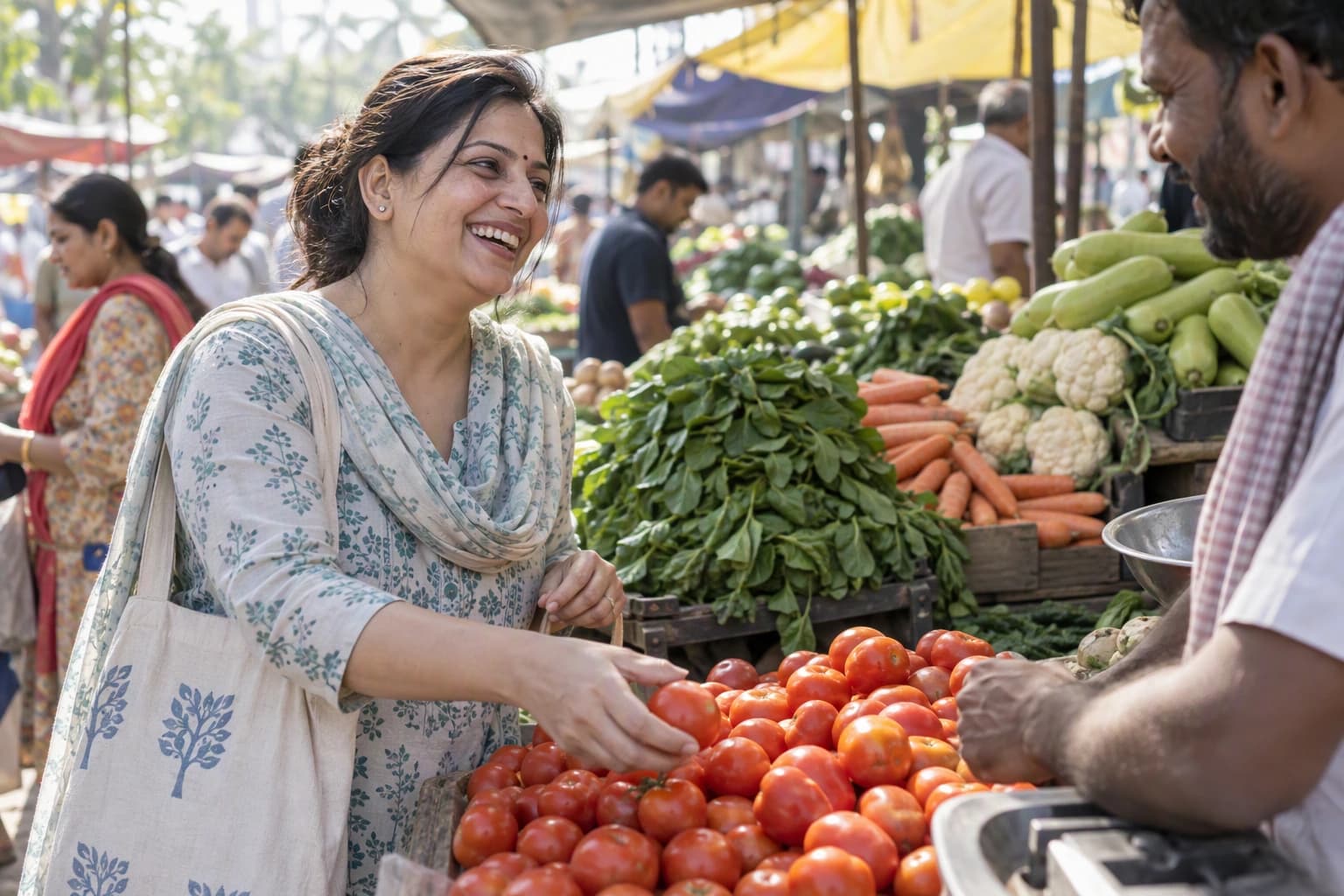 A woman laughs with a vendor as she picks vegetables at a market