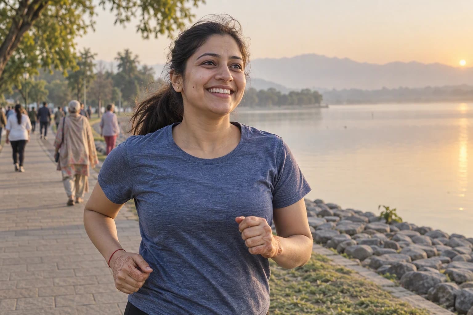 A young woman smiles as she jogs by a lake at sunrise