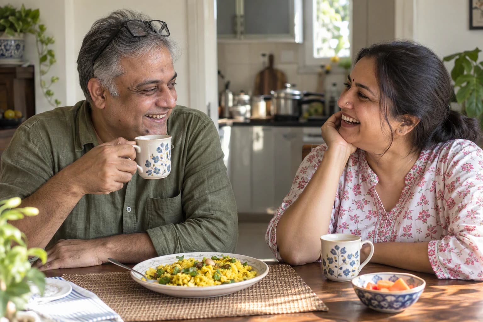 A man laughs with his wife over vegetable poha and chai at breakfast